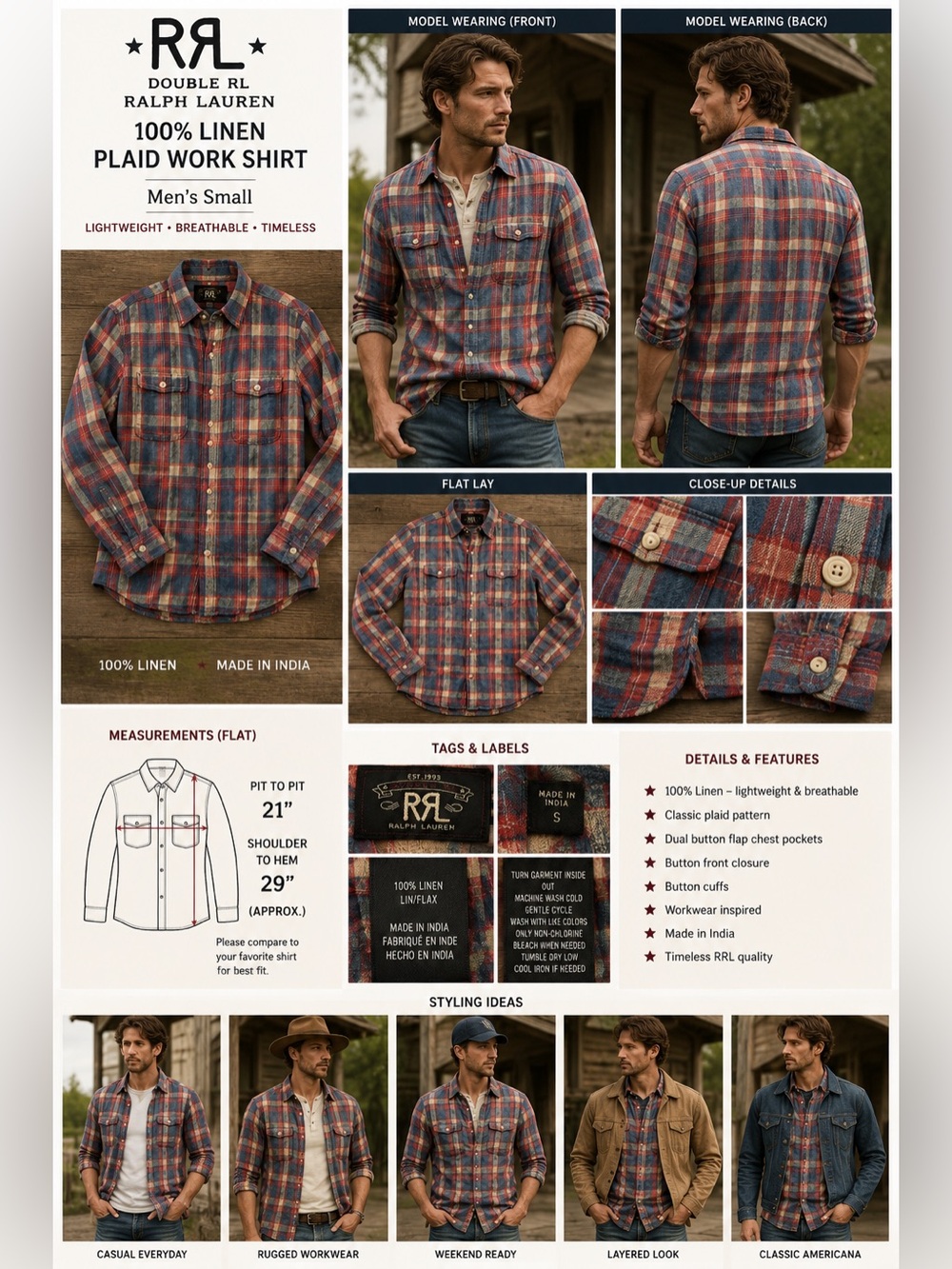 RRL Double RL Ralph Lauren Linen Plaid Work Shirt Men's Small Red Blue Western